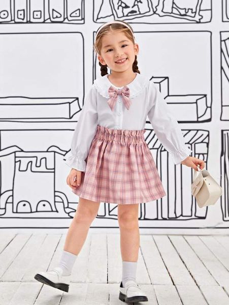 

toddler girls tartan bow front flounce sleeve & skirt she, White