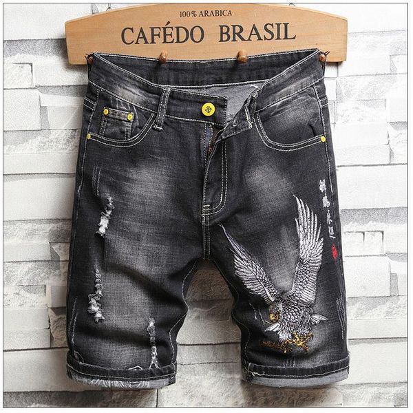 

new summer punk men's shorts jeans fashion embroidery ripped middle trousers black mid-waist casual pant stretch slim clothing mmj12k, Blue