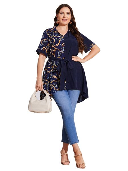 

plus belt & chain print high low hem belted blouse v1cy#, Black