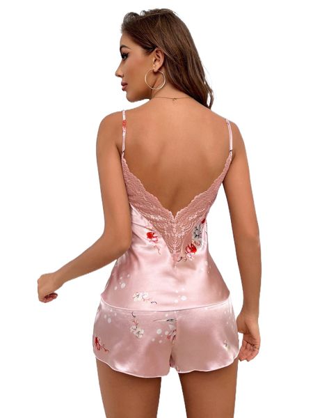 

floral print contrast lace cami satin pj set w7lp#, Black;red