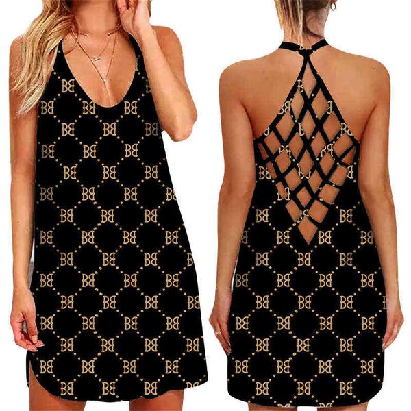 

2022 summer elegant halter dress letters print women's casual criss-cross backless mini dresses ladies party beach sundress y220510, Black;gray