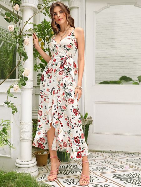 

floral print tie side asymmetrical hem wrap cami dress q8fp#, Black;gray