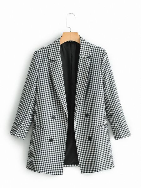 

lapel collar double breasted gingham blazer c0ky#, White