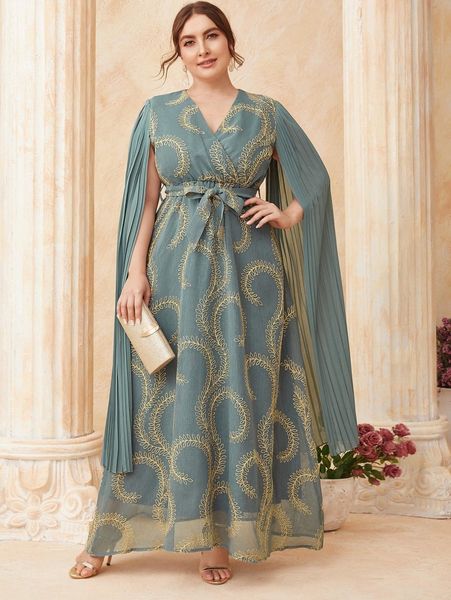 

plus plants embroidery pleated sleeve belted dress p5au#, Black