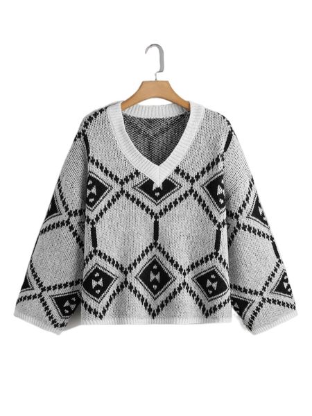 

plus geo pattern v neck sweater y1gc#, Black