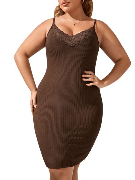 

plus contrast lace rib-knit cami nightdress z47q#, Black;white
