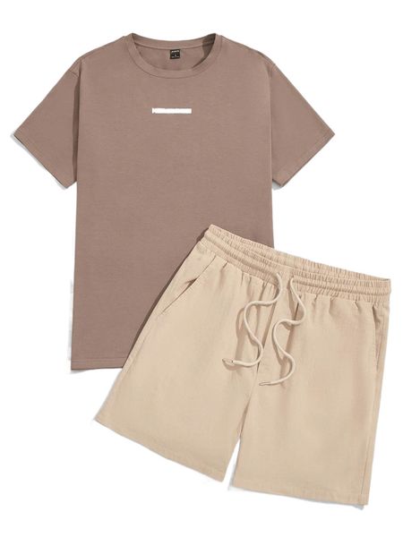 

men letter graphic tee & drawstring waist shorts z4iu#, Gray