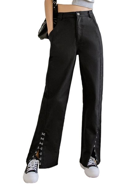 

dazy high waist grommet eyelet hem pants h4f2#, Black;white