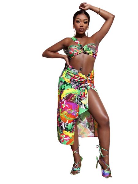 

sxy one shoulder o-ring front tropical print z6v3#, White