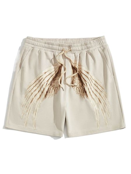 

extended sizes men wing print drawstring waist shorts i1du#, White;black