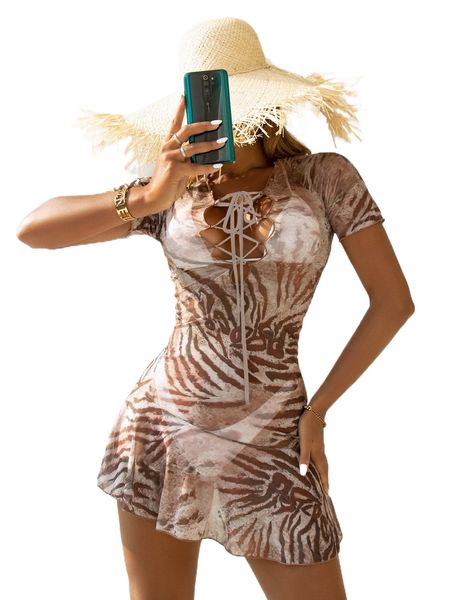 

zebra striped lace-up cover up y19p#, White;black