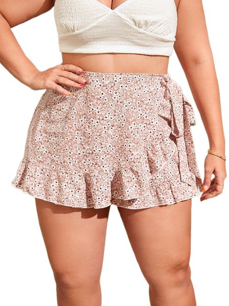 

plus ditsy floral print knot side ruffle trim wrap skort 33wx#, Black