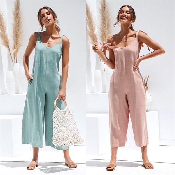 

summer women sleeveless rompers loose jumpsuit o neck casual backless overalls trousers wide leg pants 4 color sxl 220713, Black;white
