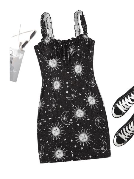 

galaxy print ruched bust frill trim knot front cami dress s3nf#, Black;gray