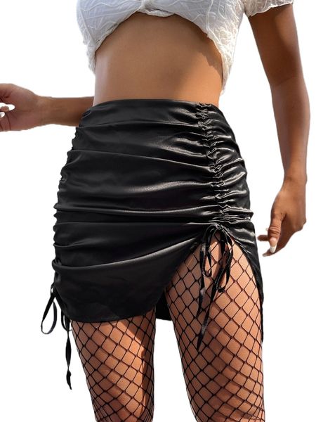

drawstring ruched split hem skirt w2wq#, Black