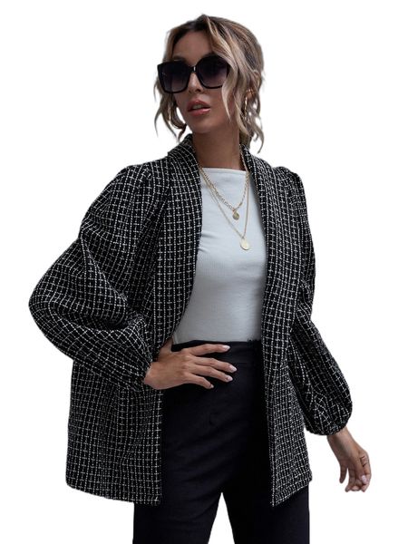 

shawl neck lantern sleeve tweed coat c6xk#, Black