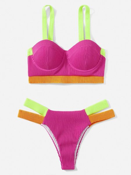 

color block rib push up bikini swimsuit 19ua#, White;black