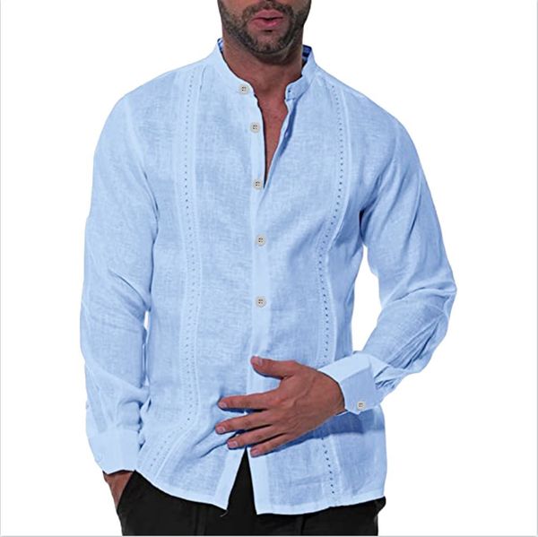 

men's cuban shirts linen casual long sleeve button down shirt band collar summer beach, White;black