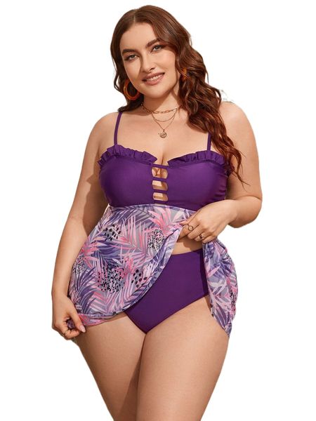 

plus tropical print frill trim cut out bikini swimsuit f2cm#, White;black