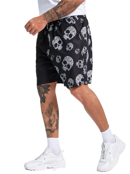 

extended sizes men floral & skull print drawstring waist shorts s63y#, White;black