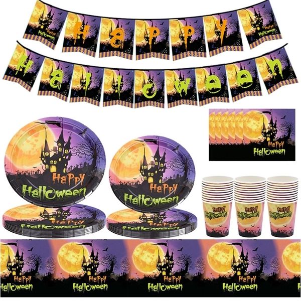 Halloween Purple Castle Einweg-Partygeschirr Halloween-Dekorationen für Zuhause Horror House Party Ornament Pappteller Tassen 220815