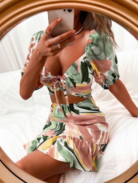 

brush print tie front peekaboo ruffle hem dress l1r4#, Black;gray