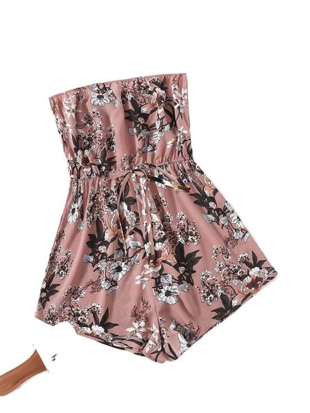 

floral print tie waist tube romper l4au#, Black;white