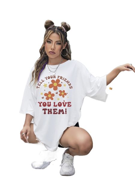 

floral and slogan graphic drop shoulder tee o8pd#, White