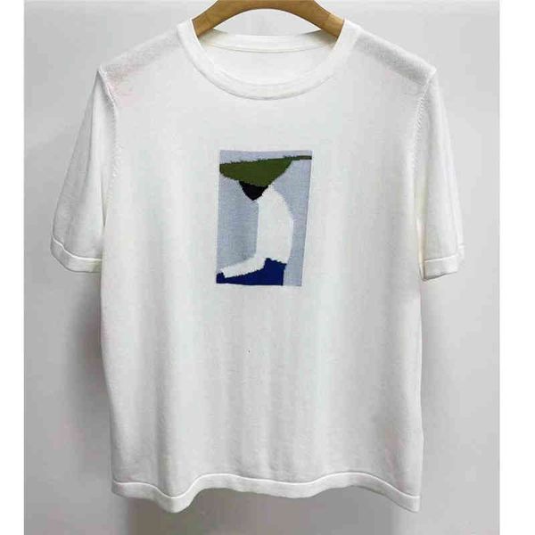 

women's knits tees ic xiaohe superfine cotton inlaid abstract simple loose thin versatile round neck short sleeve t-shirt summer, White