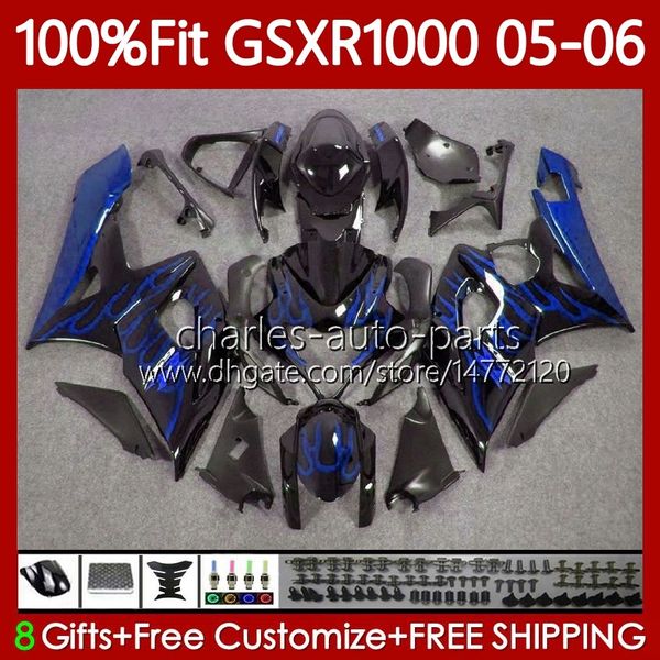 OEM blaue Flammen schwarz MOTO Karosserie für Suzuki GSXR 1000 CC K5 GSX-R1000 2005 2006 Karosserie 122No.51 GSXR-1000 GSXR1000 1000CC 05 06 GSX R1000 05–06 Spritzguss-Verkleidungsset