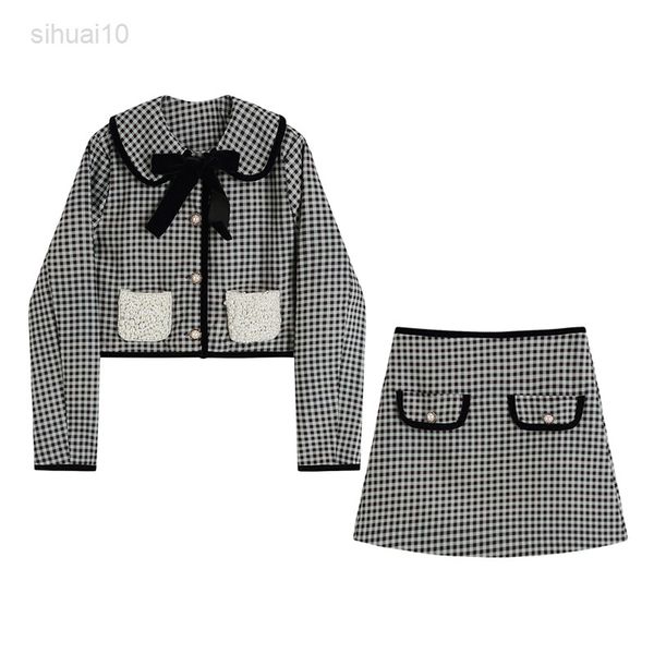 

pearl buckle retro plaid long sleeve women l220725, White