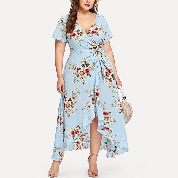 Plus Größe Kleider Sommer Frauen Kleidung Drucken Einteilige Blau Maxi Kleid Mit Gürtel Vestidos Elegantes Para Mujer Robe Femme etePlus