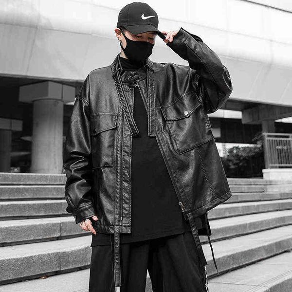 

fashion men's black faux leather casual loose motor jacket m3 t220728