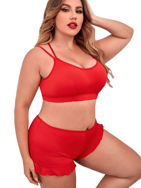 

plus solid ruffle hem lingerie set s5vi#, Black;white