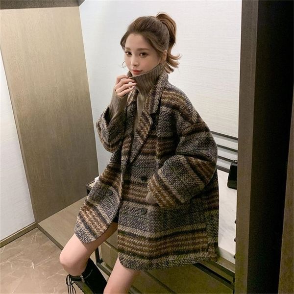 

winter plaid tweed coat pockets female blend coat v-neck double breasted overcoat 201222, Black
