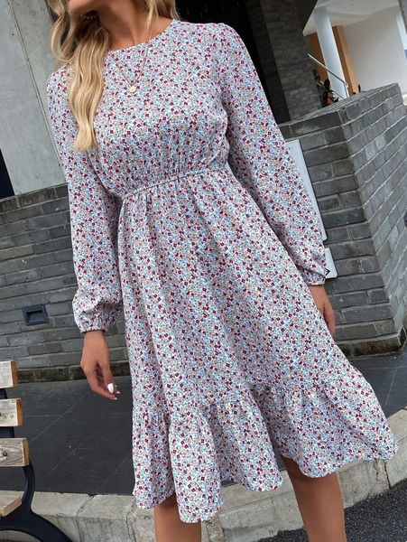 

ditsy floral print ruffle hem a-line dress e50n#, Black;gray
