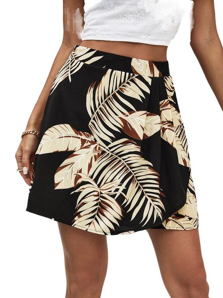

tropical print high waist wrap skirt v4zt#, Black