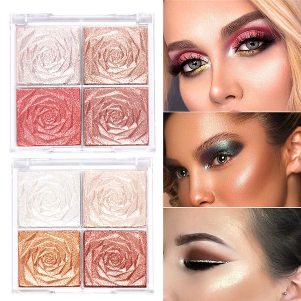 Cmaadu 4 cores Diamond Glitter Rose Highlighter Highshadow Palette Face e Corpo Skin Ilumine a maquiagem de contorno natural