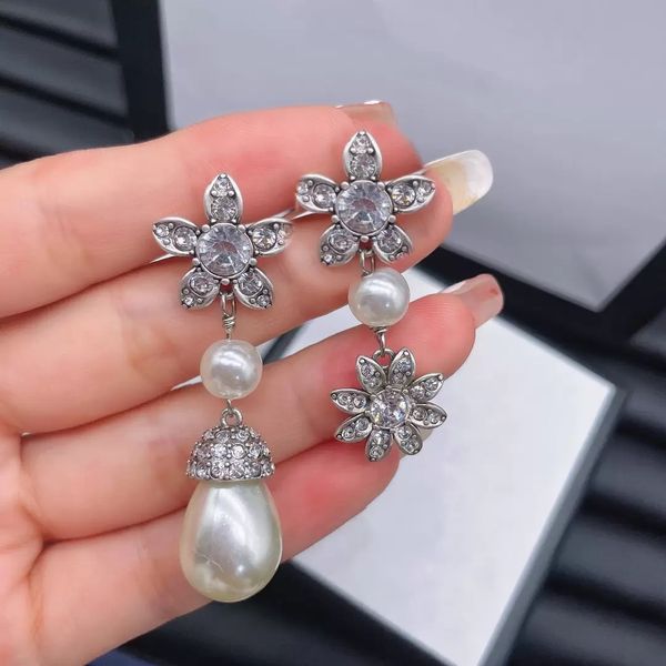 

fashion designer earrings dangles for woman diamond shape flowers earring luxury brass jewelry with original packaging, Silver
