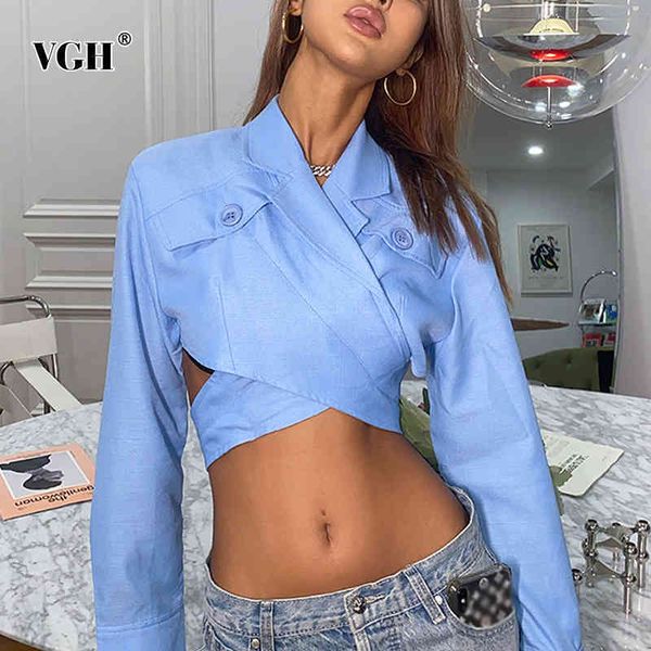 

cross hollow out blouse for women lapel long sleeve tunic casual solid short female fashion clothing fall 210507, White