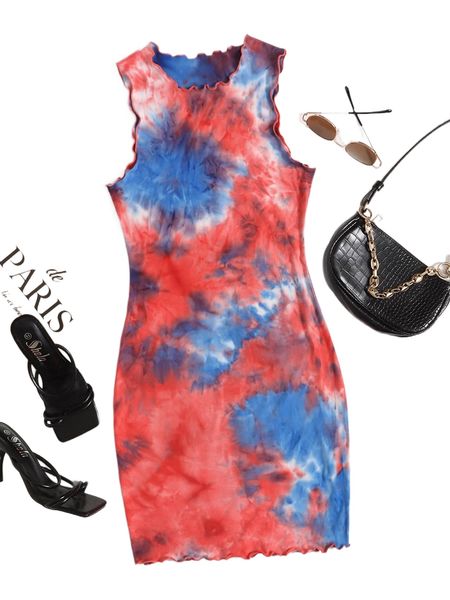 

tie dye lettuce trim dress m7xf#, Black;gray