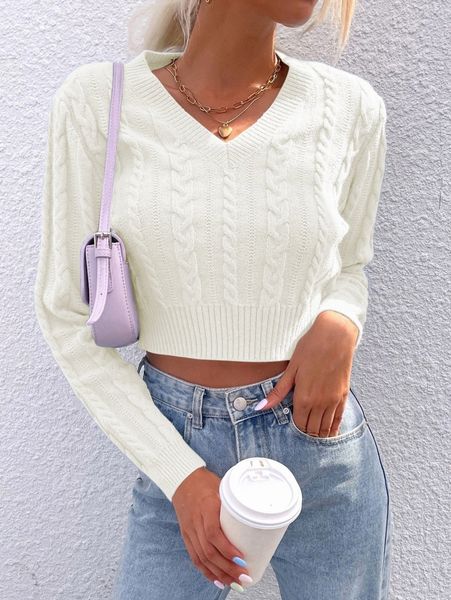 

v-neck cable knit sweater i52b#, White;black