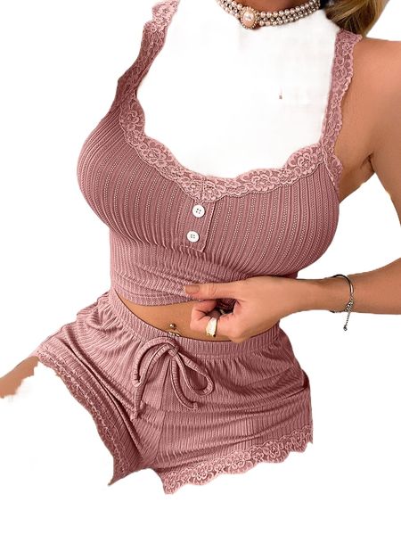 

contrast lace button front crop cami & shorts pj set n5ms#, Black;red
