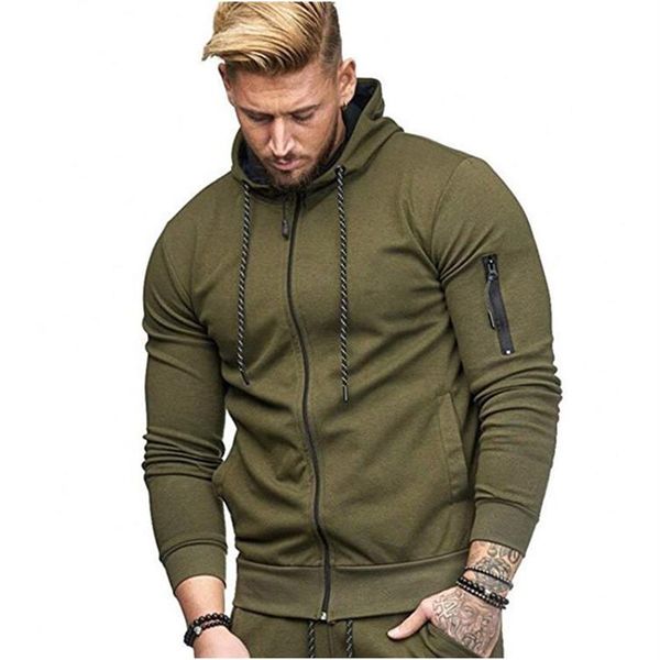 

men's long sleeve army green hoodies large size zipper solid color men clothing autumn fashion casual hooded sweters255j, Black