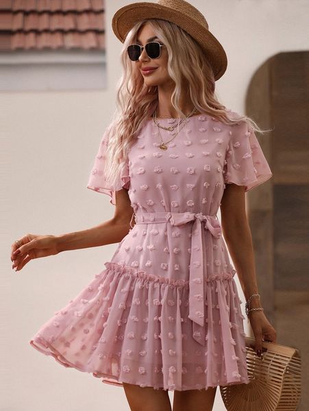 

swiss dot butterfly sleeve ruffle hem belted chiffon dress q75k#, Black;gray