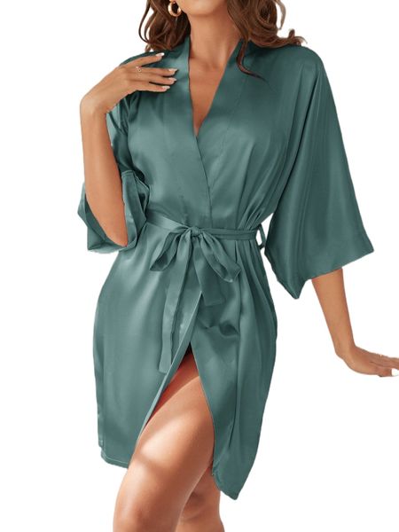 

satin belted night robe d65d#, Black;red