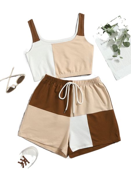 

colorblock tank & tie waist shorts a770#, White