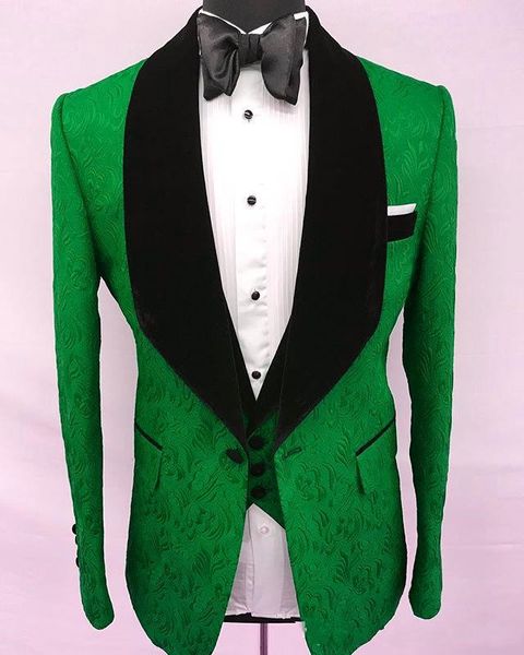 Совершенно новый зеленый тисненный жених смокинг черный бархатный шаль лацка Slim Fit Groomsman 3 Piece Men Prom Busines