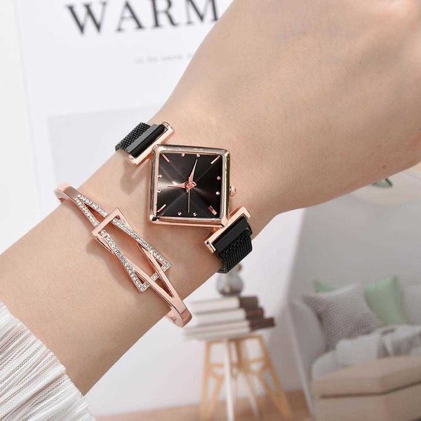 

women square watch luxury ladies quartz magnet buckle gradient color watches for gift clock, Slivery;brown