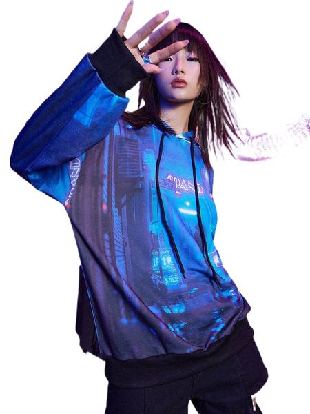 

romwe cyber luvr letter figure graphic drawstring hoodie w0fm#, Black